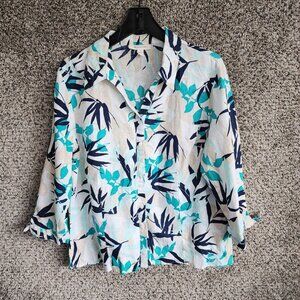 JM Collection Top Womens 16 Floral Print‎ 100% Linen Button Up Teal Collared
